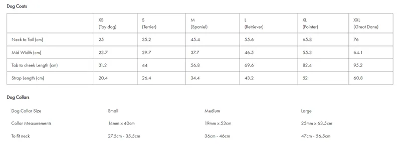 Barbour Dog Apparel Sizing